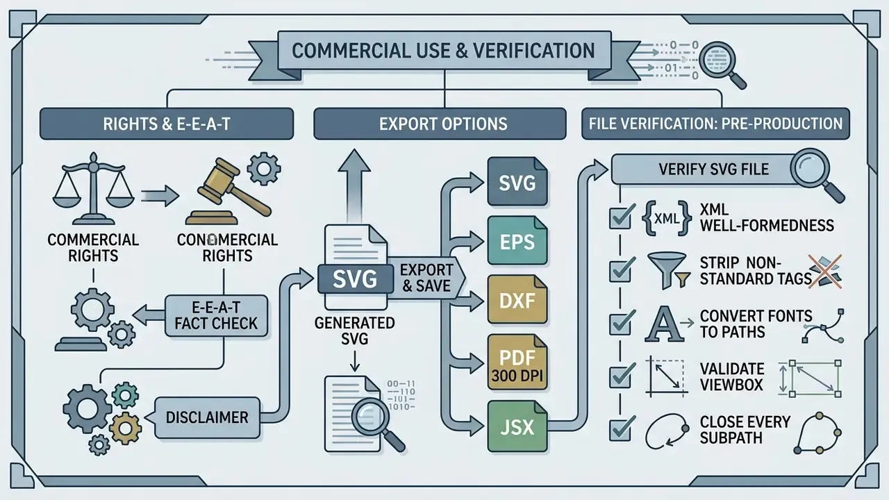 Flowchart detailing legal rights, export formats, and technical verification steps for vector graphics