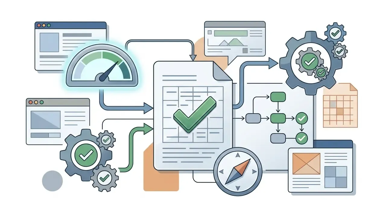 System of interconnected icons including a speedometer, gears, and documents representing technical review