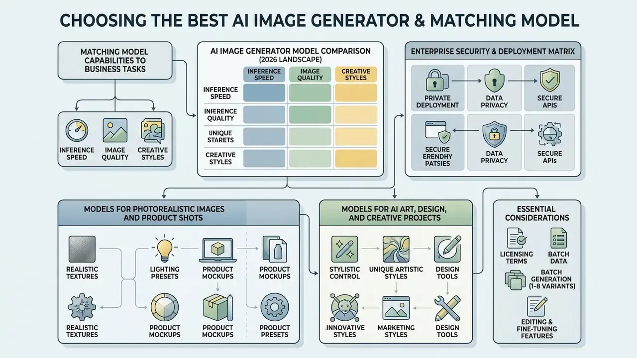 Matrix comparing model capabilities, enterprise security, and specialized use cases for visual production