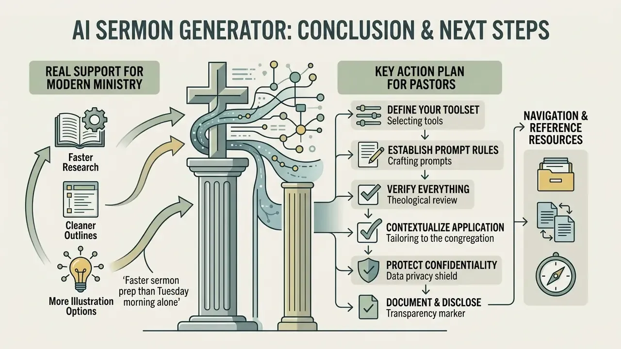 Infographic outlining a pastor action plan for digital ministry tools with icons and a central pillar design