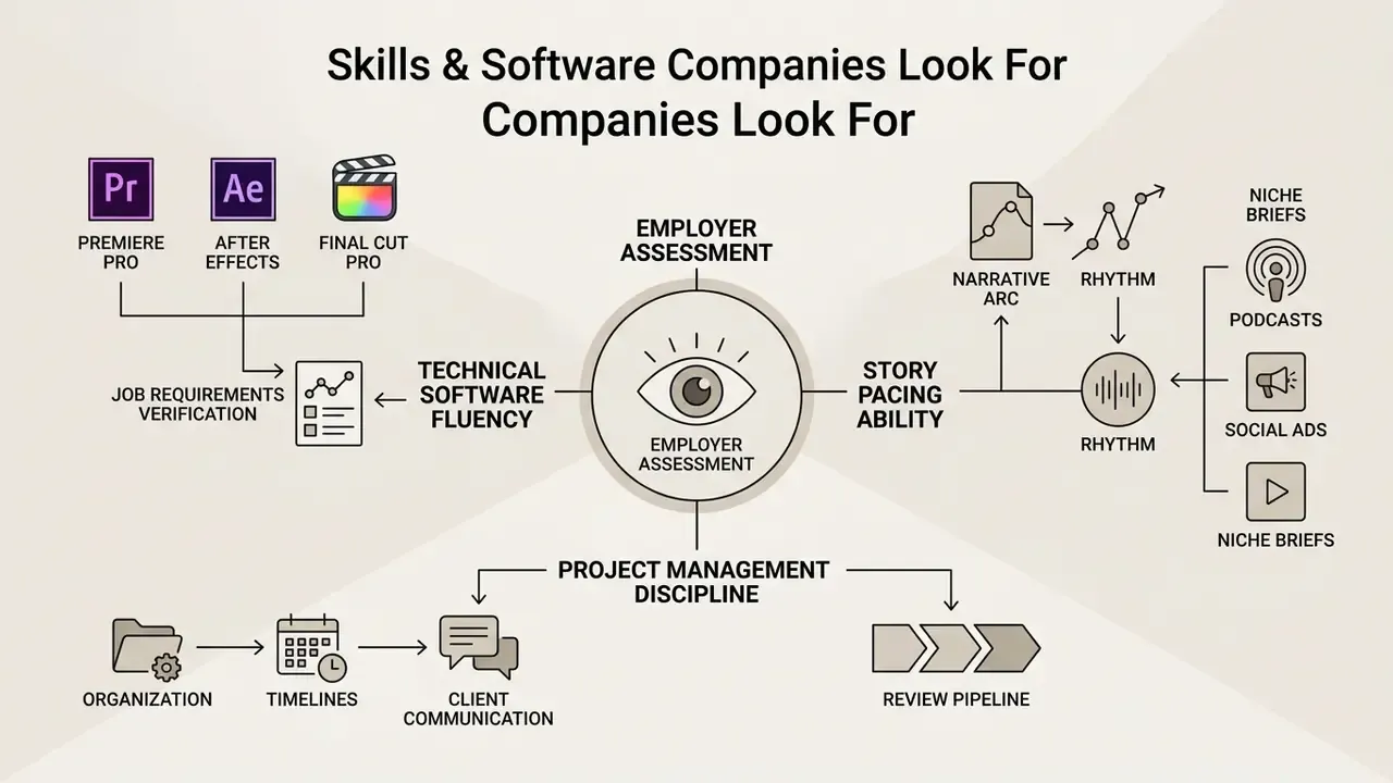 Central eye icon surrounded by software requirements, storytelling skills, and project management tasks