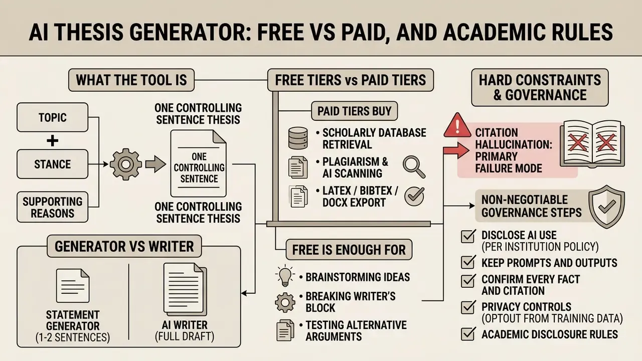 Flowchart comparing free and paid AI thesis generator features alongside academic governance requirements