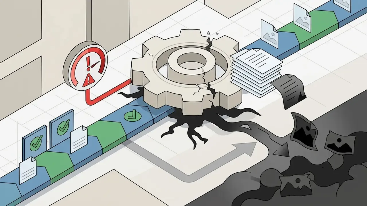 Broken gear leaking dark fluid over a production line of documents and images with a warning icon