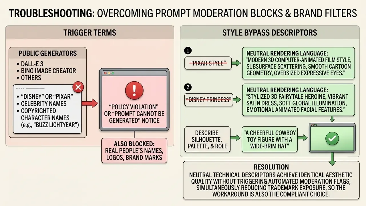 Comparison of blocked trademarked prompts versus successful neutral descriptive alternatives
