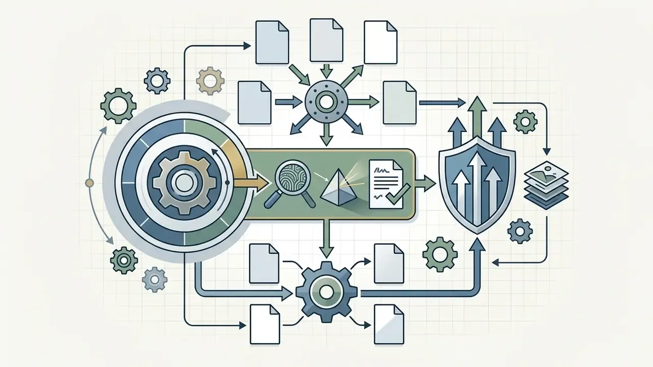 System of gears and document icons connecting to a shield icon representing data processing and validation