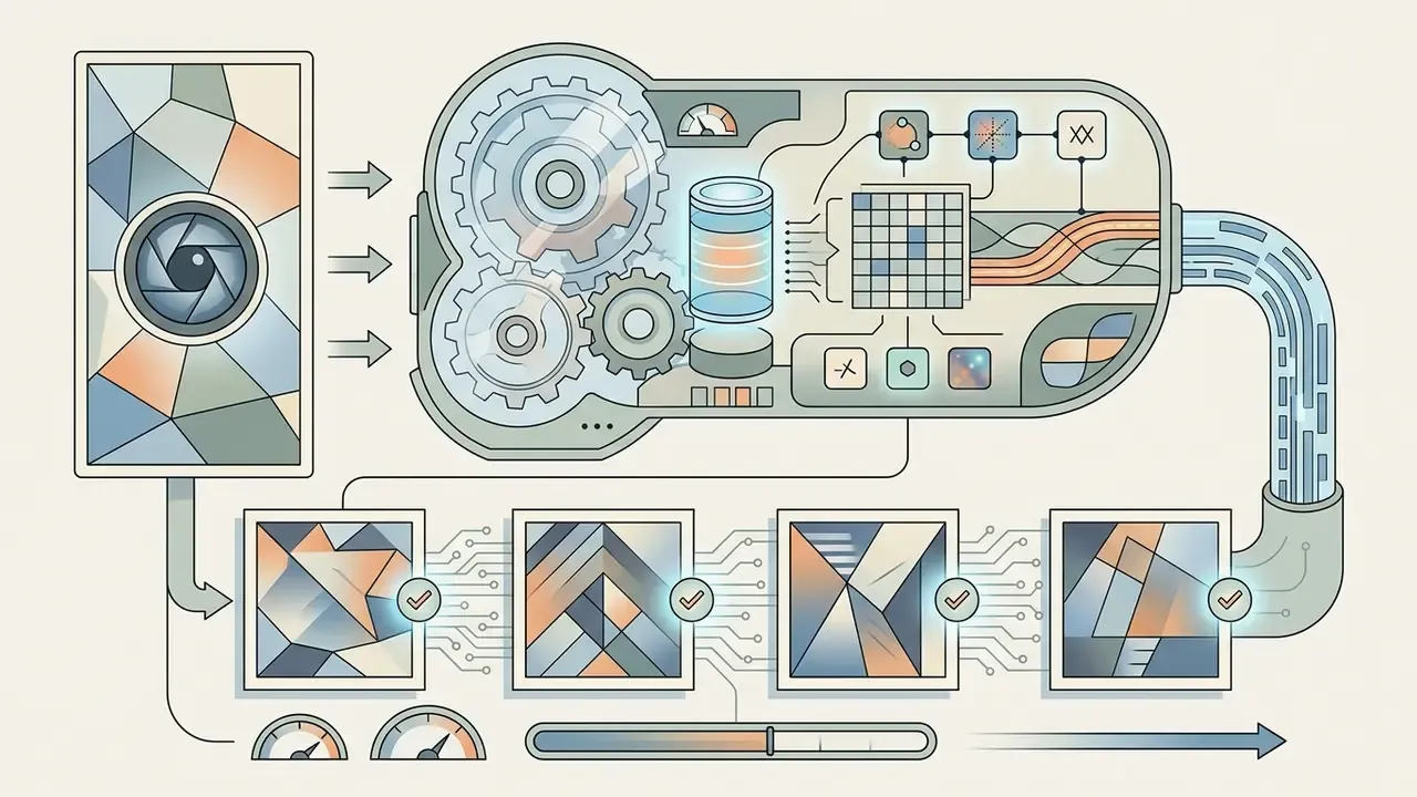 Geometric artwork passing through a mechanical filter and processor into a curated sequence of images