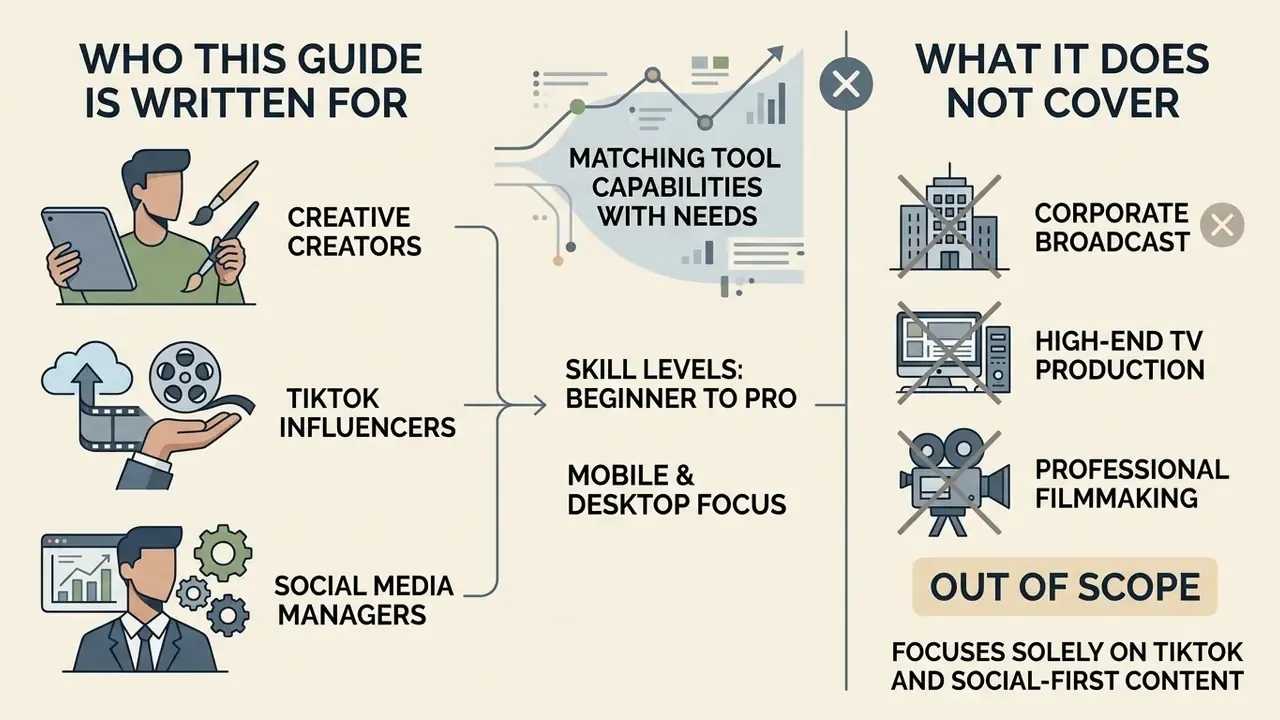 Infographic comparing target audiences and out of scope topics for a TikTok video editor guide