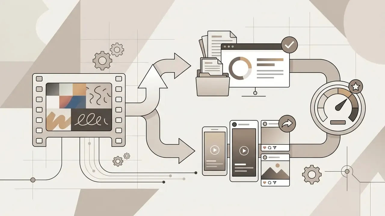 Film strip clips routing to a gauge and outputting into presentation slides and mobile social posts