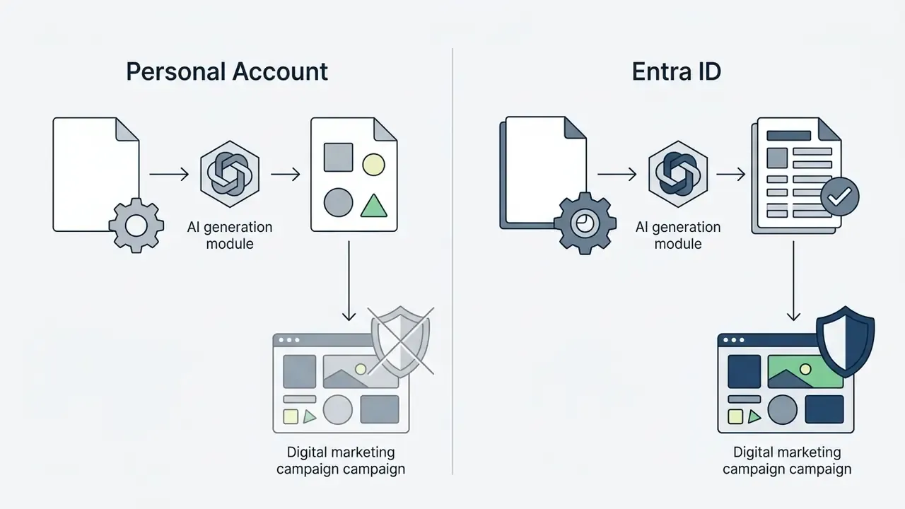 Side-by-side view showing AI image generation workflows for personal accounts versus Entra ID accounts