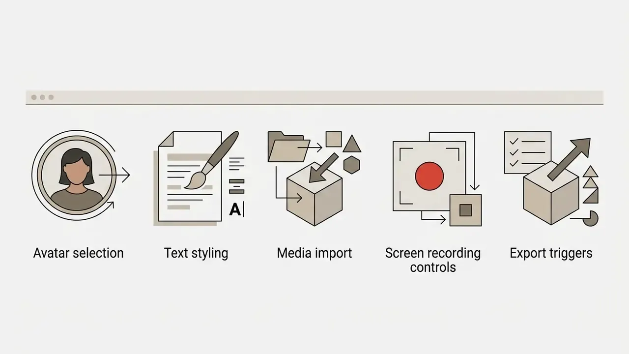 Toolbar icons for Synthesia AI features including avatar selection, text styling, media, and recording