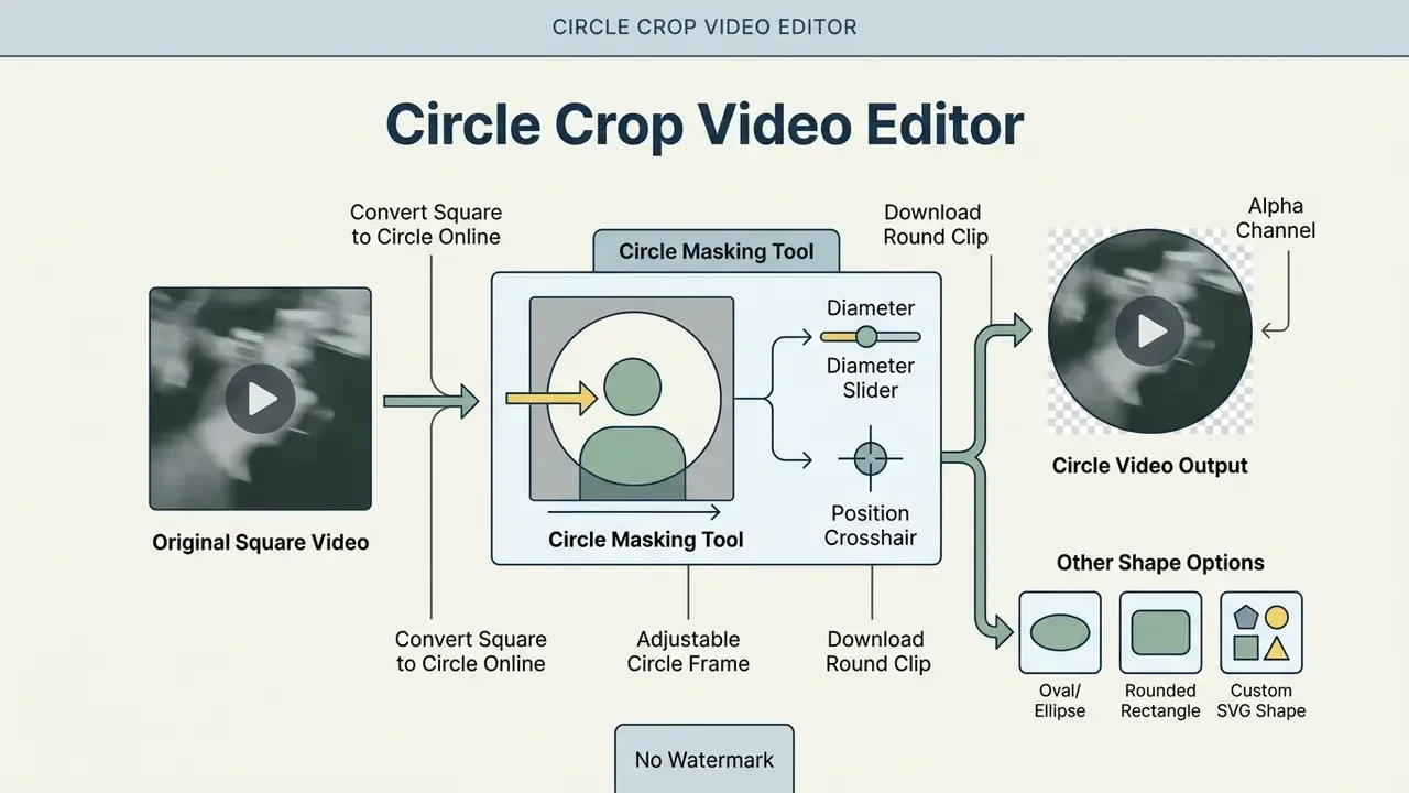 Infographic showing how to use a circle masking tool to crop square videos into round or custom shapes