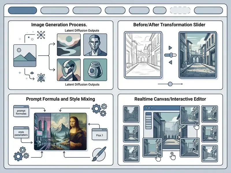 Four-panel interface showing image generation steps, transformation sliders, prompt mixing, and canvas editing