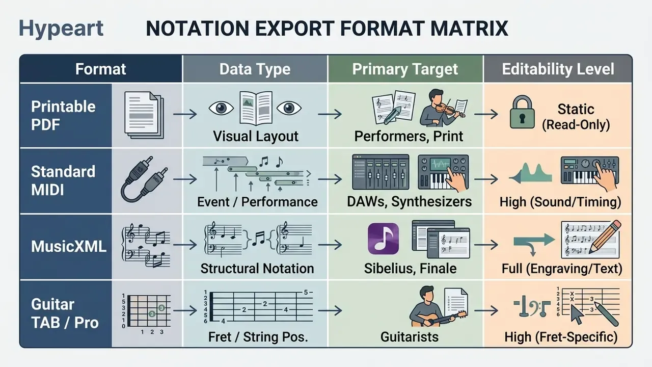 Comparison matrix detailing data types, target users, and editability for various music export formats