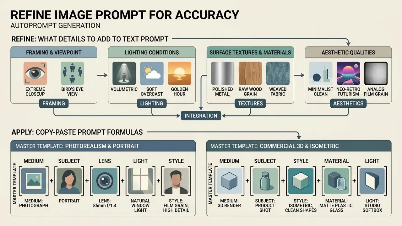 Infographic detailing components for text prompts including camera settings and material descriptions