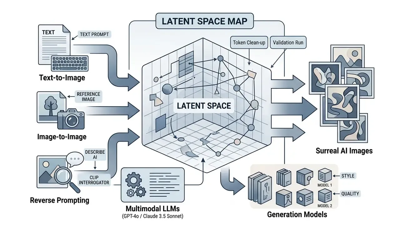 Diagram showing text and image inputs mapping into a latent space to output surreal AI generated visuals