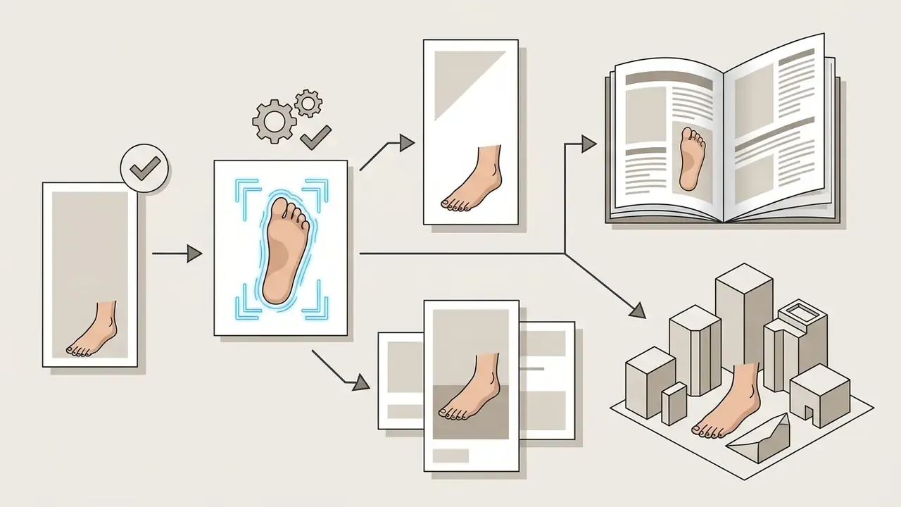 Process flow showing foot images being isolated and placed into magazines and 3D architectural scenes