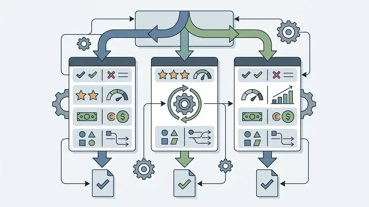 System of three panels with icons for comparing service features, pricing, and performance metrics