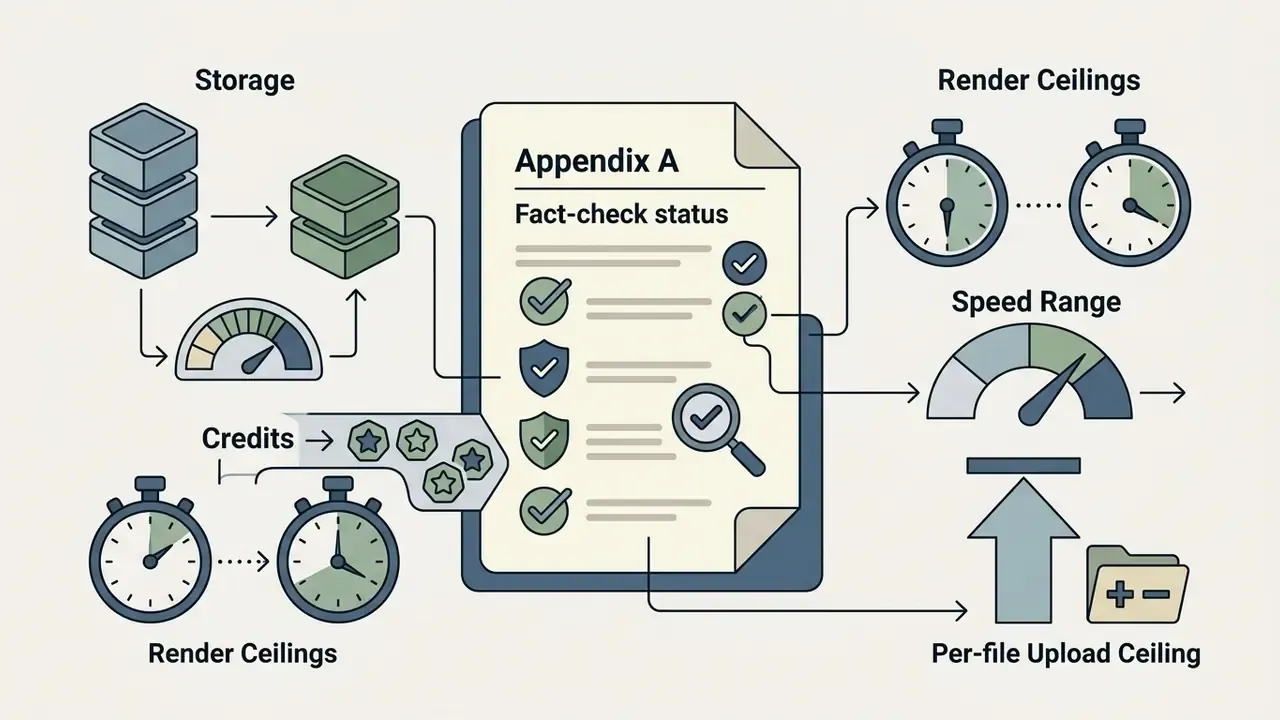 Document with checkmarks and magnifying glass connected to icons for storage, render time, and file limits