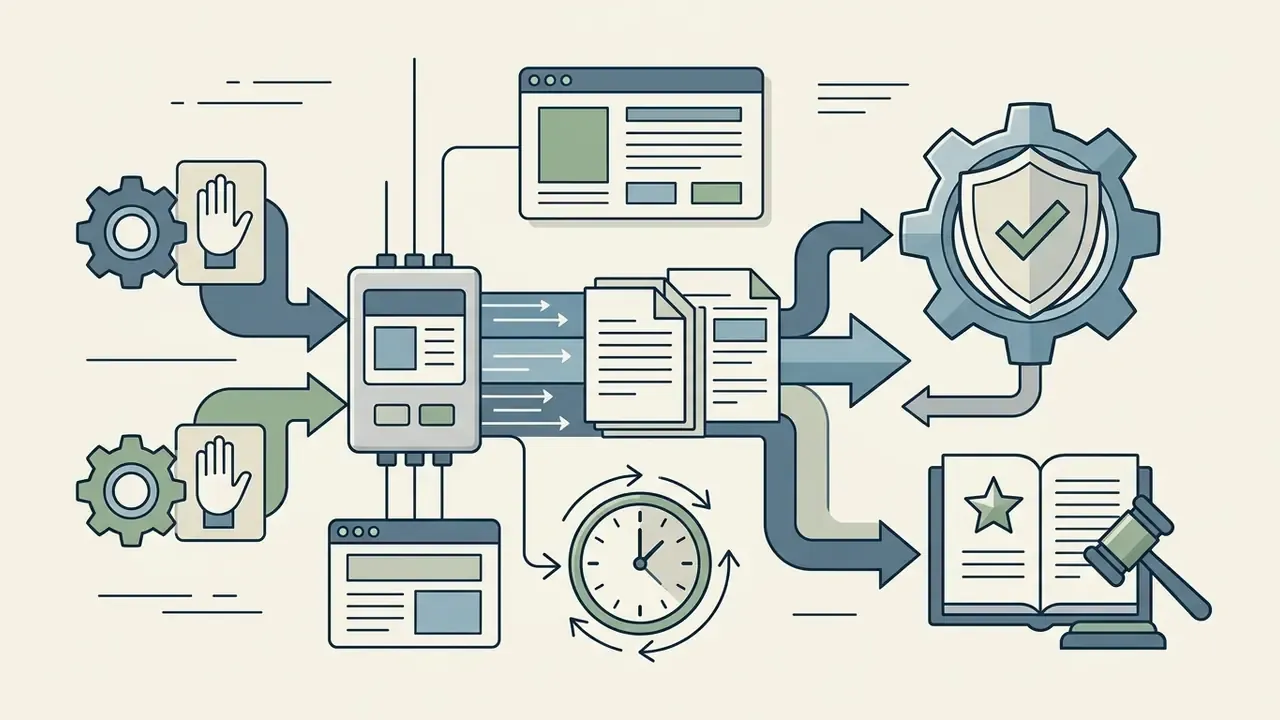 Human hand icons and gears feeding data into a central processor that generates documents for audit