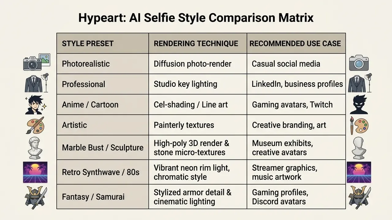 Comparison matrix detailing seven visual styles, their rendering techniques, and recommended use cases