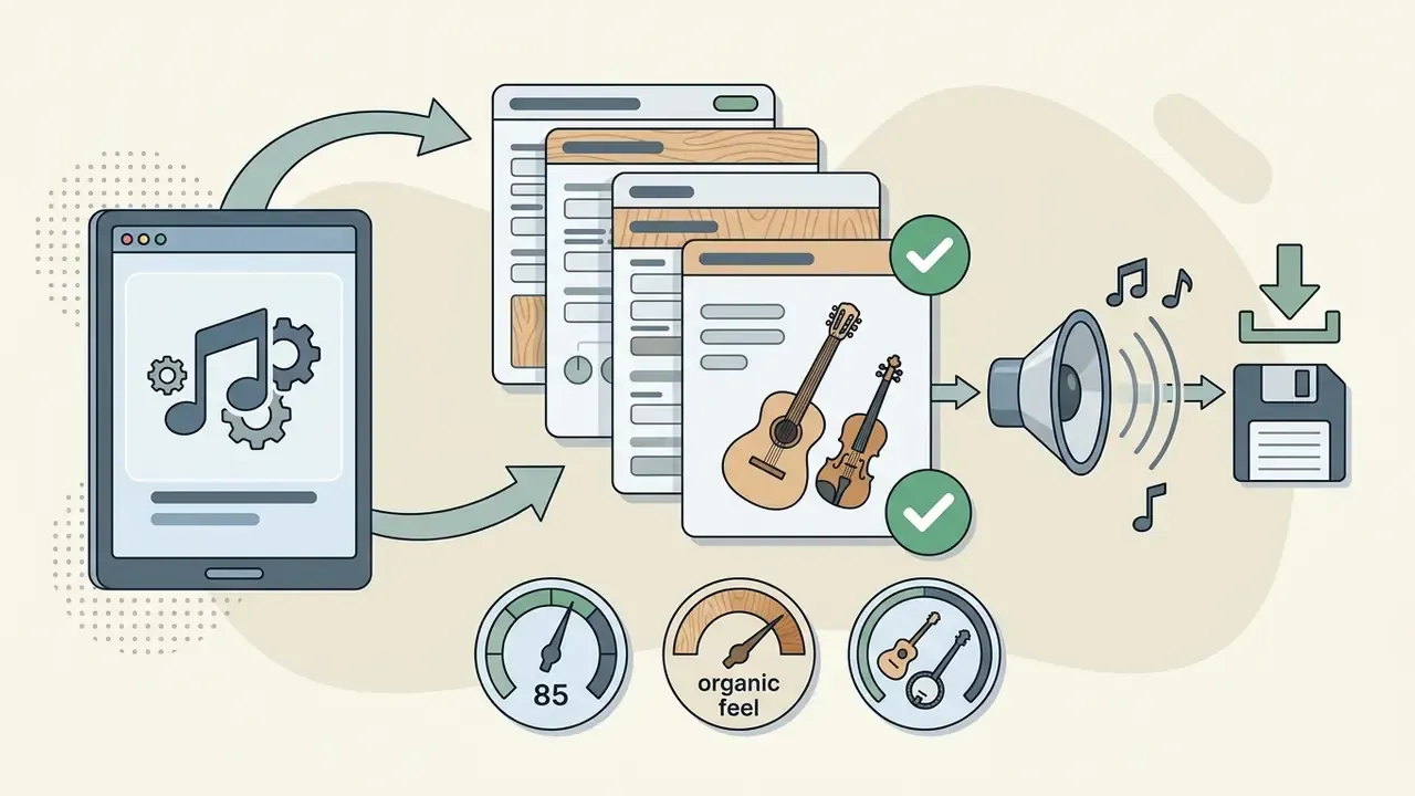 Digital interface processing text prompts into acoustic guitar music with speed and style gauges