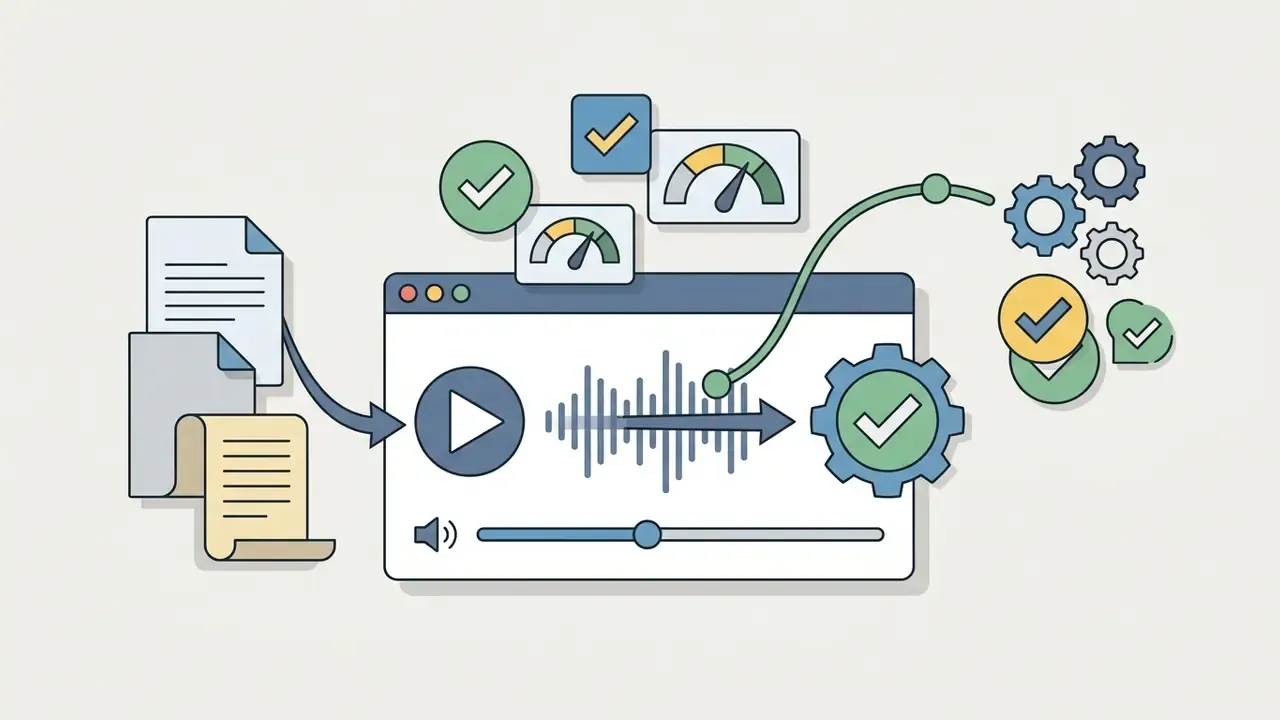 Text files flowing into a browser player with a waveform display and gear icons indicating validation