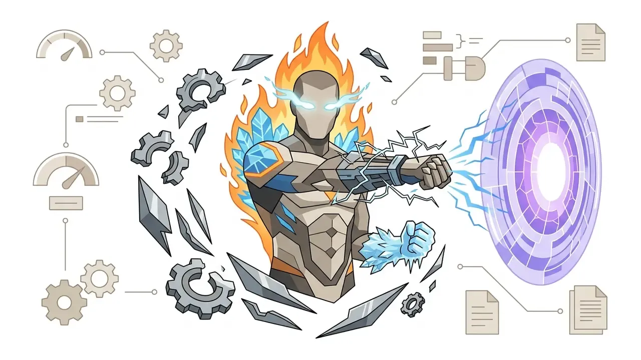 Superhero surrounded by fire, ice, and gears with lightning gauntlets projecting a cosmic energy shield