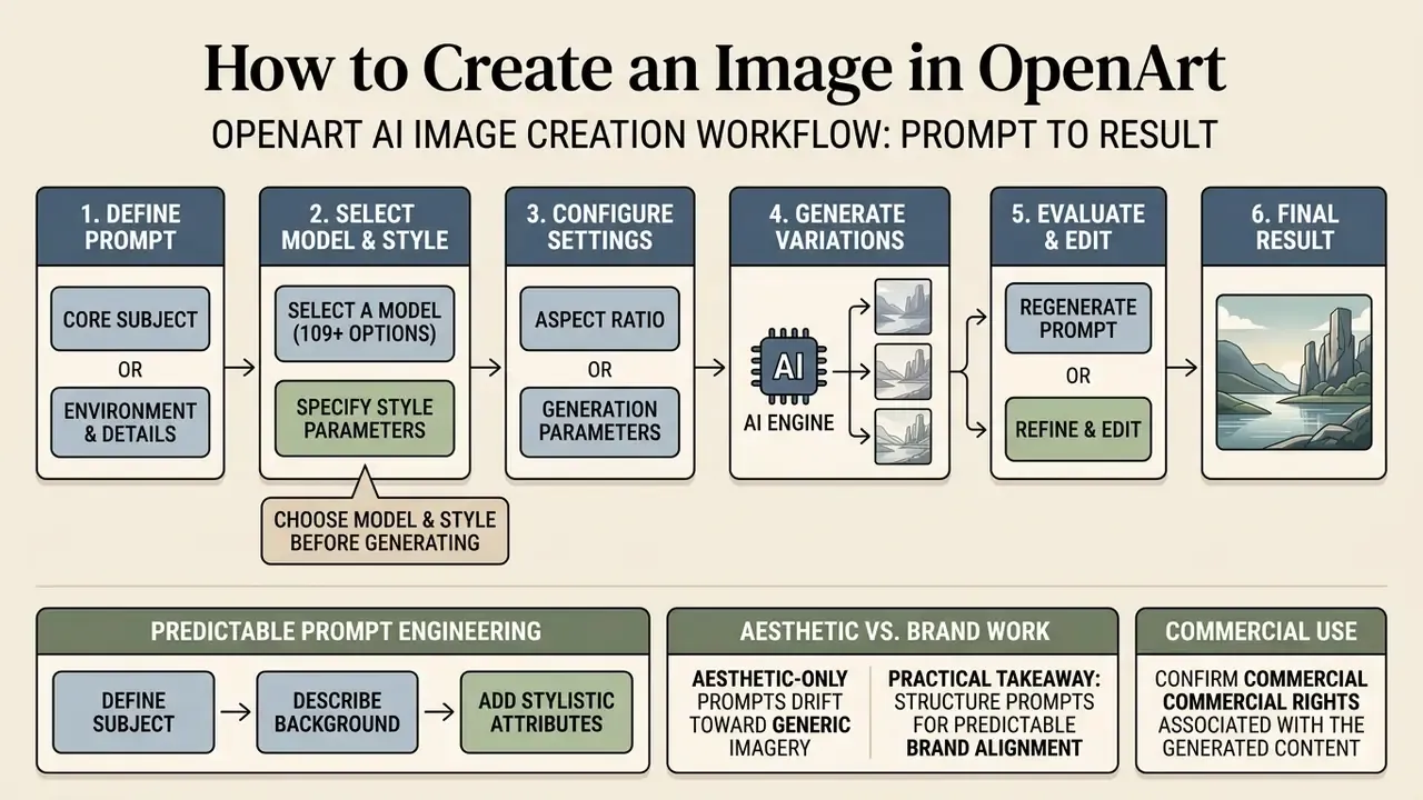 Step-by-step diagram showing the generative process from initial prompt definition to final output
