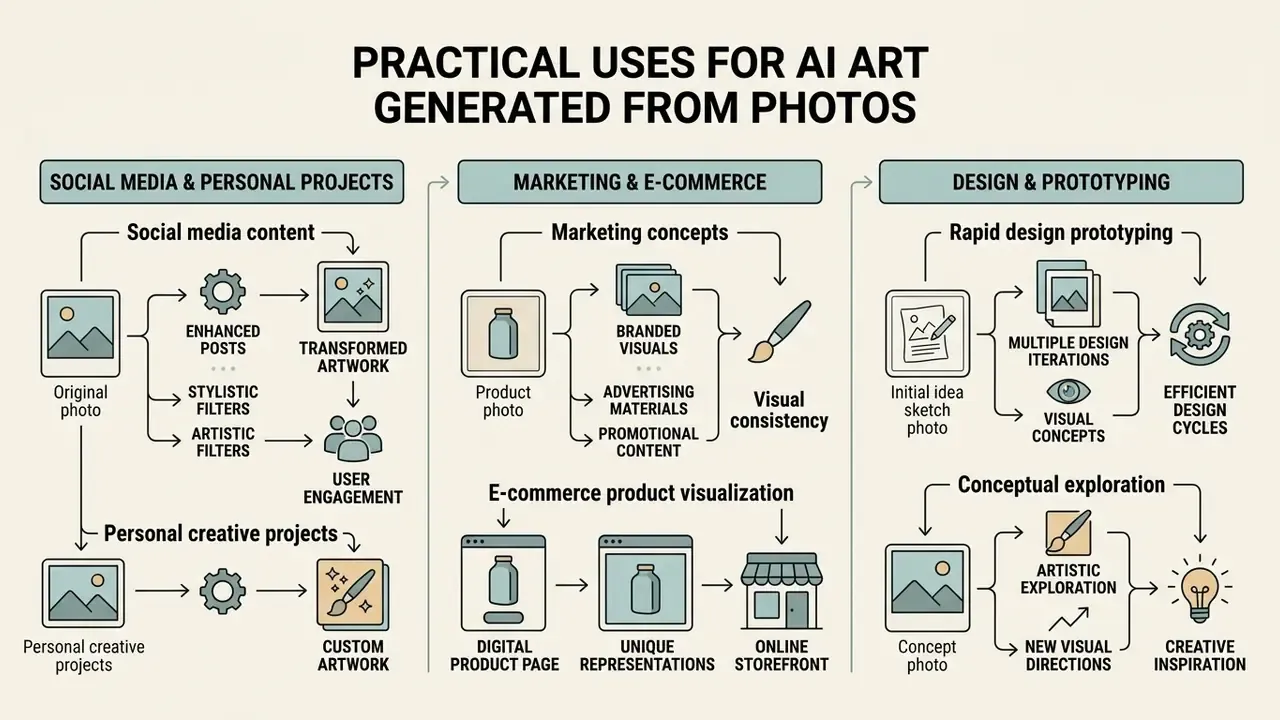 Diagram showing applications of AI art generated from photos in social media, marketing, and design