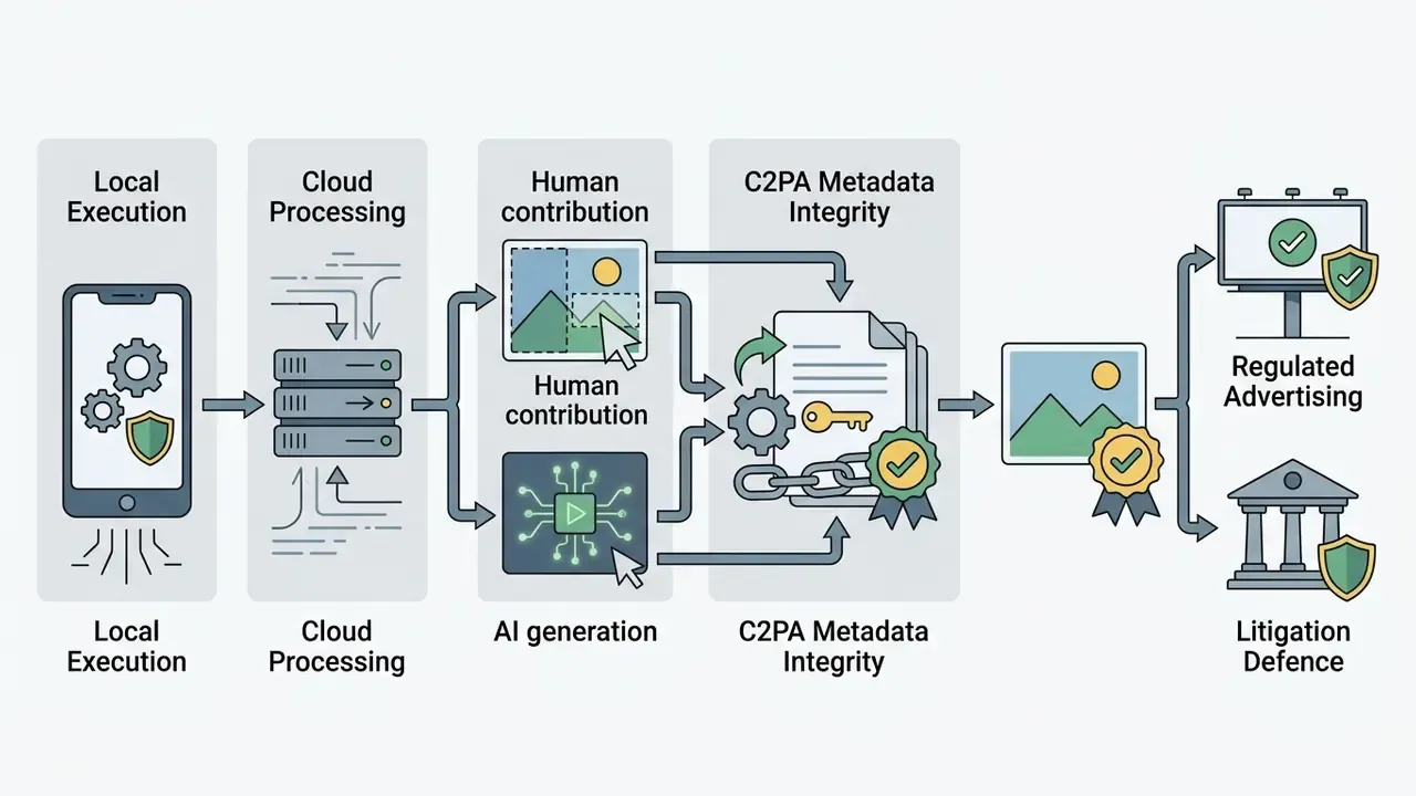 Diagram showing the path from local and cloud processing to C2PA metadata attachment for AI image edits