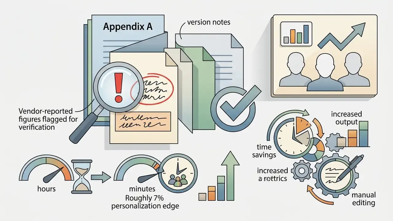 Documents with a magnifying glass and checkmark alongside gauges showing time savings and output metrics