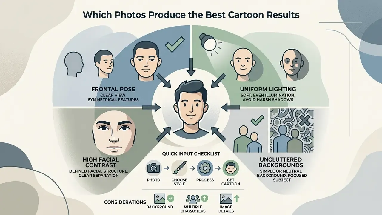 Infographic showing optimal photo traits for AI cartoon generation like frontal poses and clear backgrounds