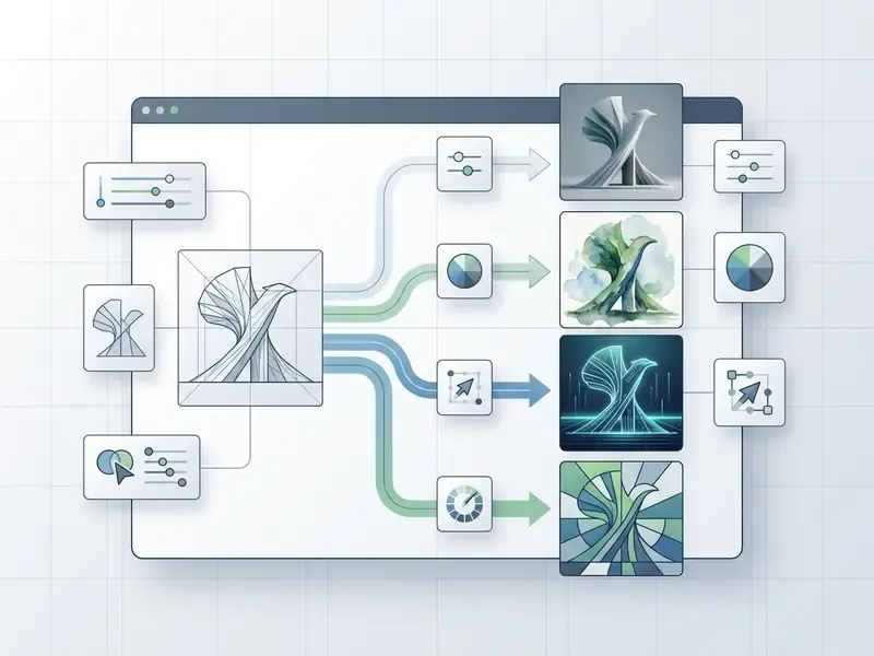 System interface showing a central bird icon transforming into four distinct artistic style variations