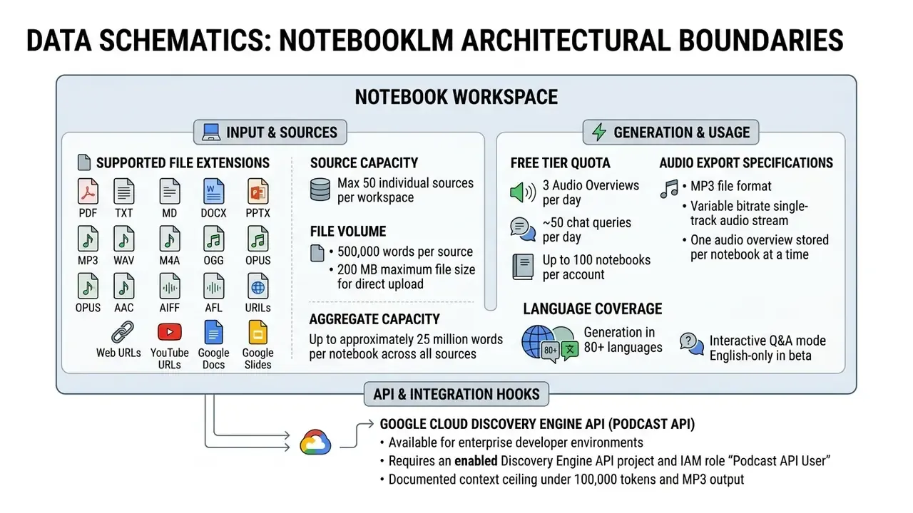 Technical schematic detailing NotebookLM file limits, source capacity, and API integration parameters