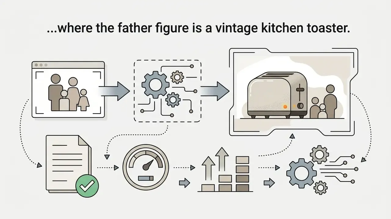A family portrait being processed through digital gears into a scene featuring a toaster as a father figure