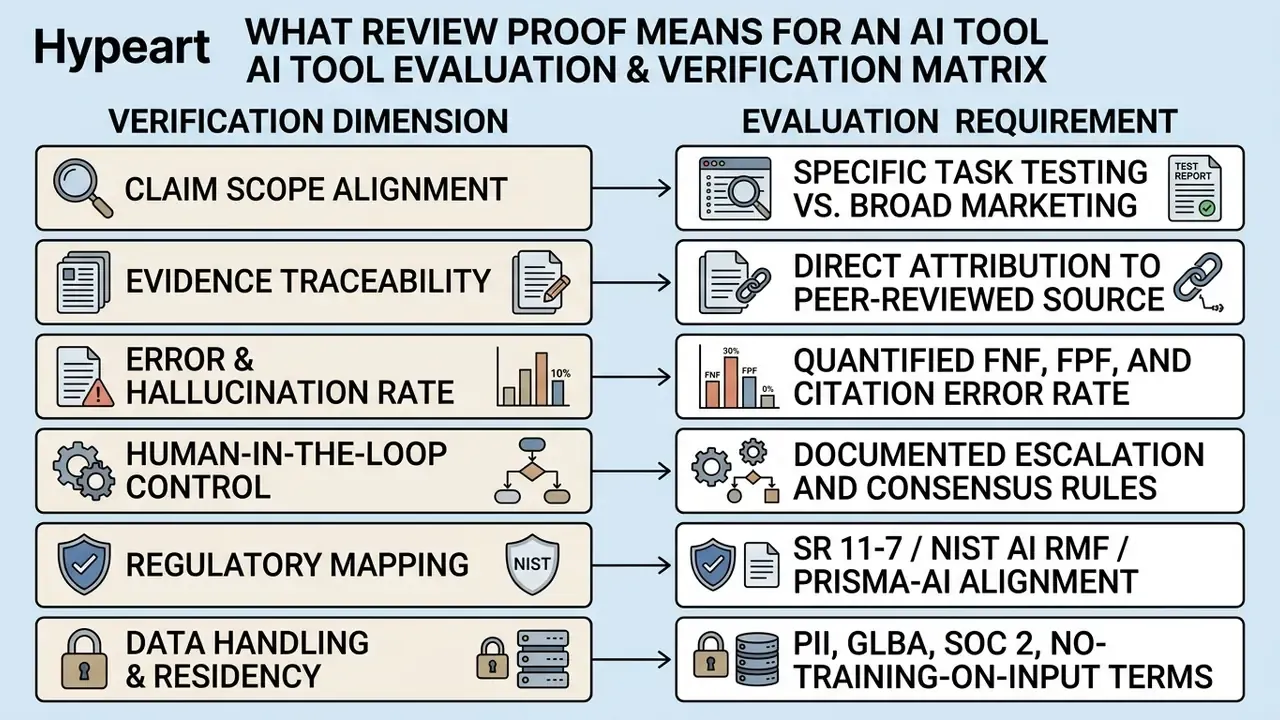 Matrix chart mapping six verification dimensions to specific AI tool evaluation requirements