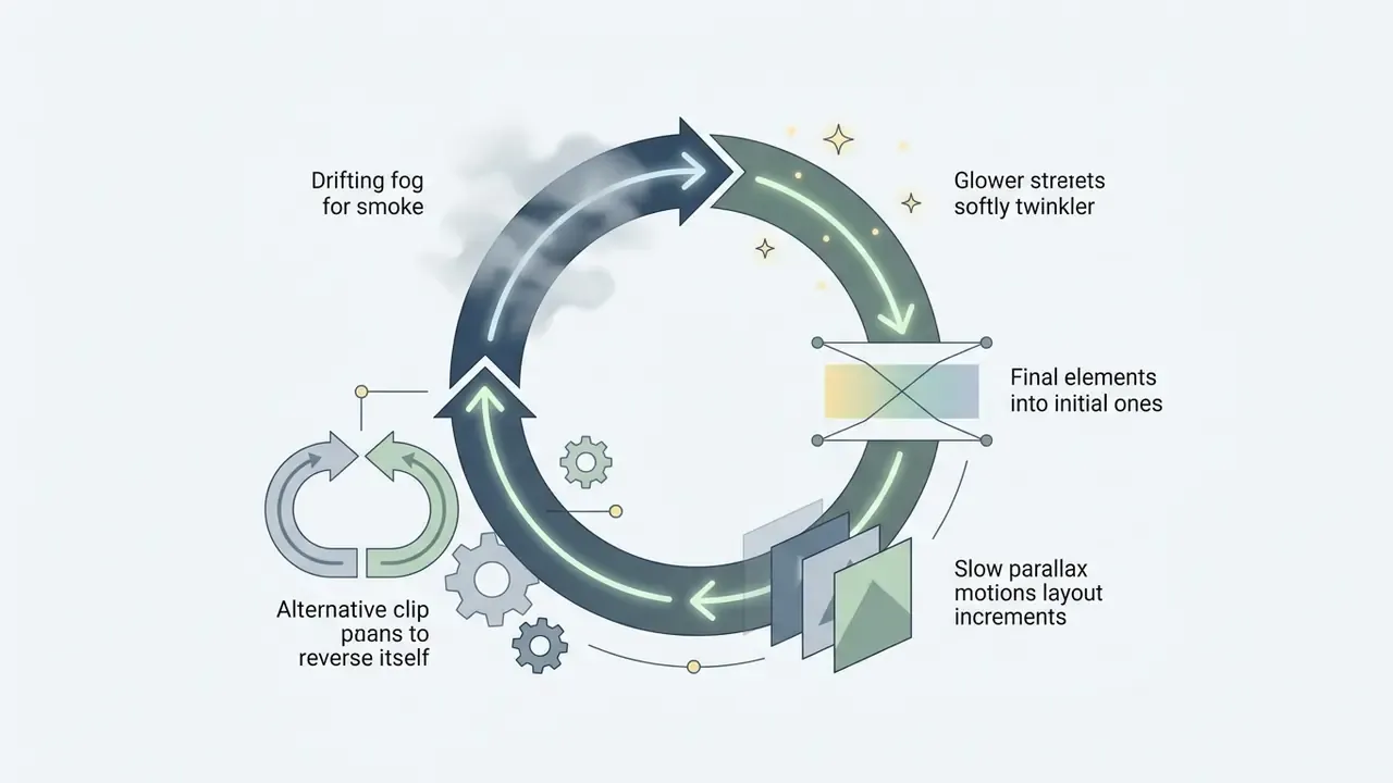 Circular arrow graphic showing animation techniques like crossfading, parallax, and reversing clips