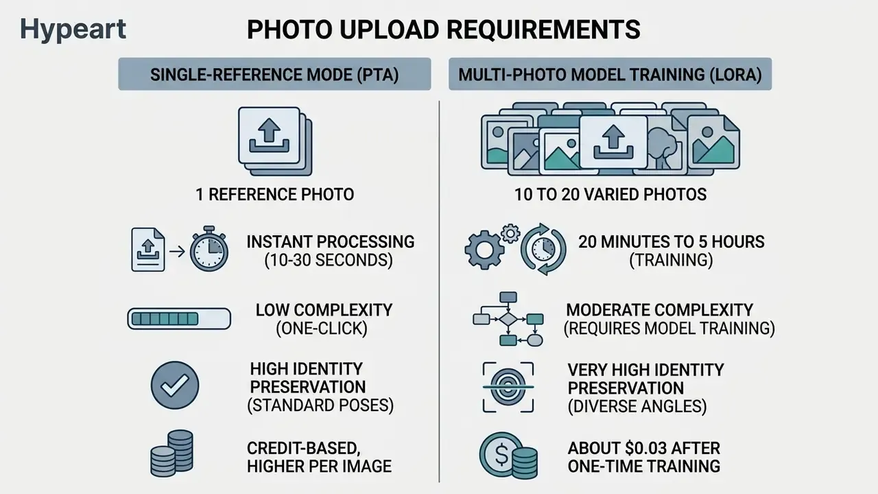 Comparison chart contrasting single reference photo upload requirements with multi-photo model training
