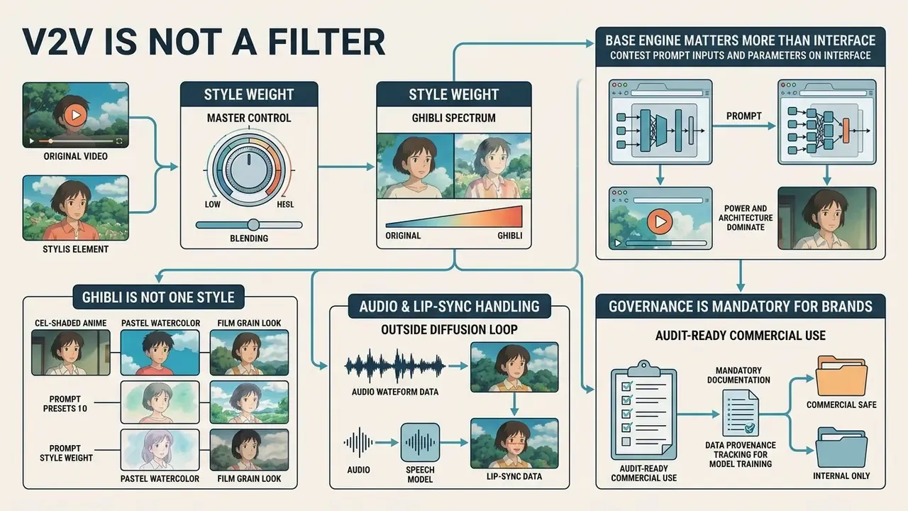 Infographic explaining video to Ghibli style animation through style weights, audio handling, and governance
