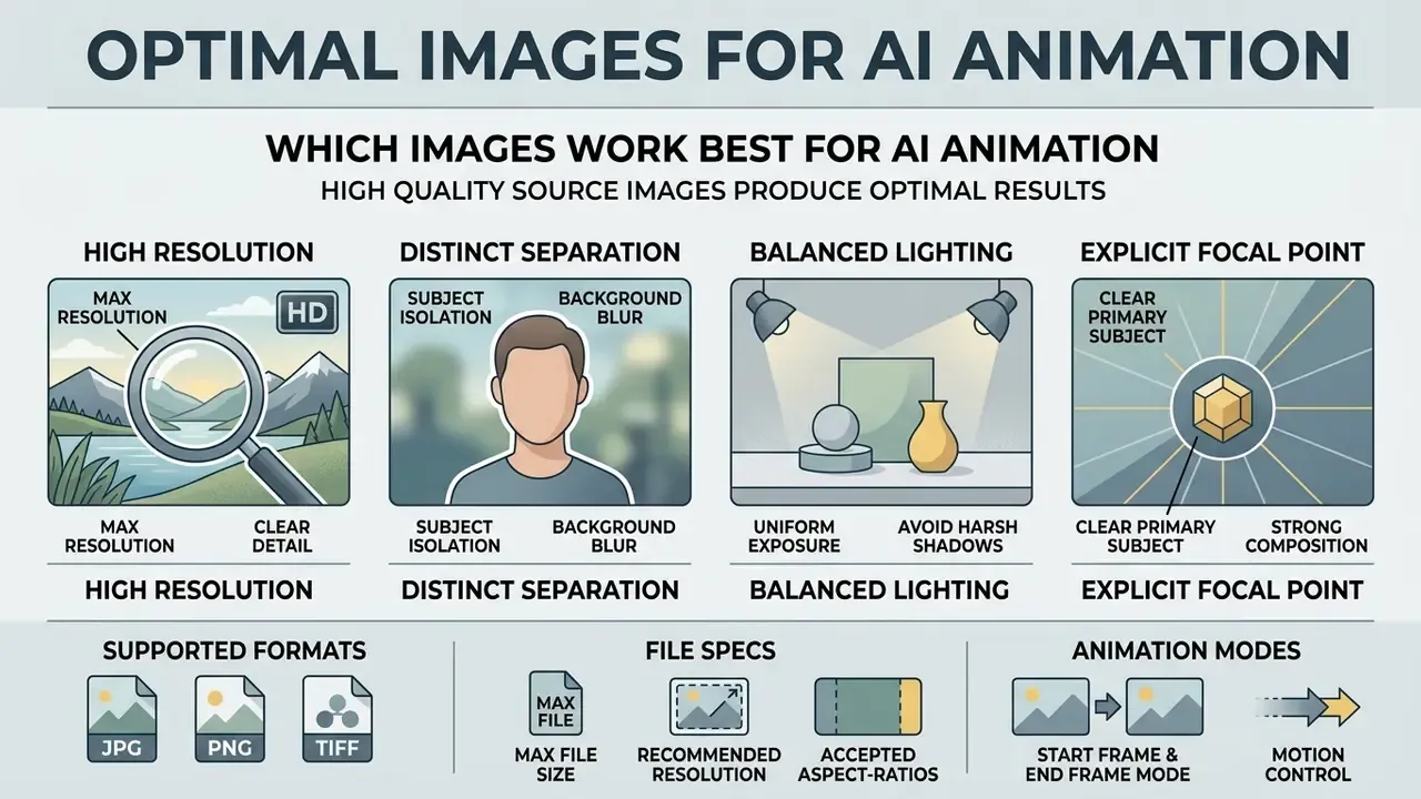 Infographic detailing four key traits of source images for animate image ai including file specifications