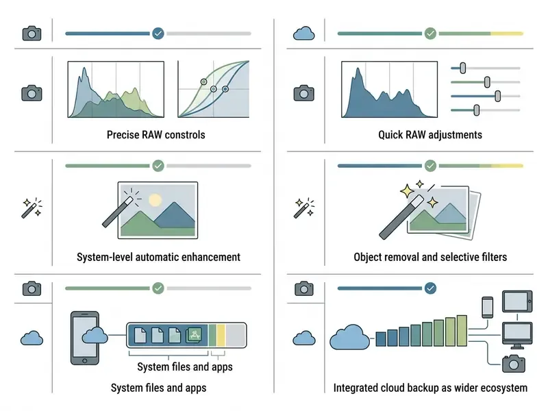 Comparison table displaying RAW controls, AI tools, and cloud storage features for mobile photo editing