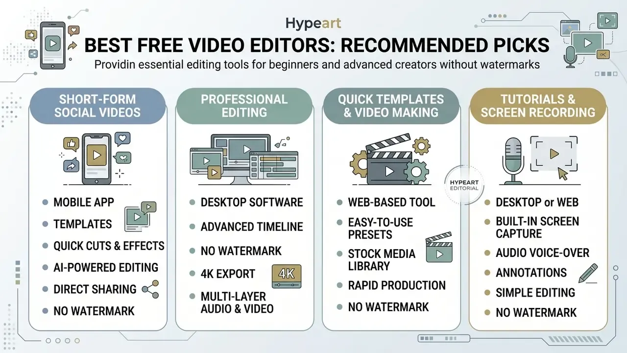 Comparison chart organizing free video editing tools by use case, features, and platform requirements