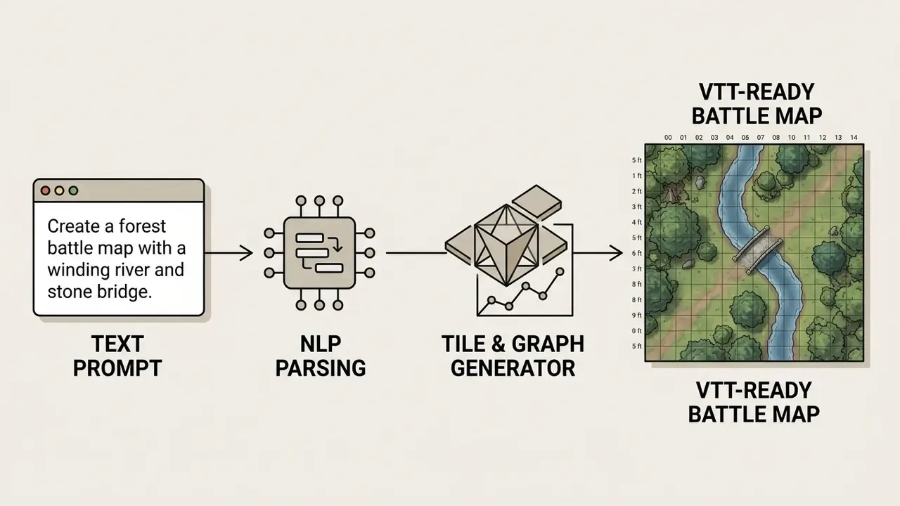 Four-stage diagram illustrating text input conversion into a gridded forest battle map via AI processing