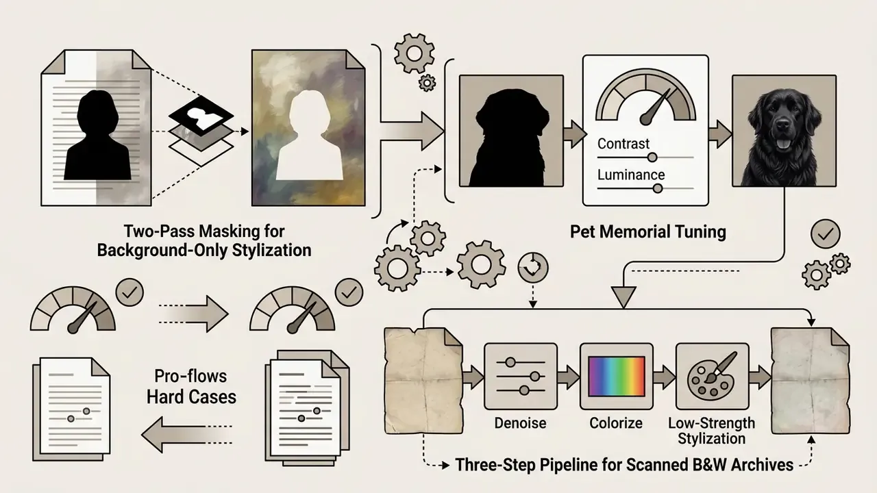 Technical workflow showing masking, pet image tuning, and a multi-step archive restoration process