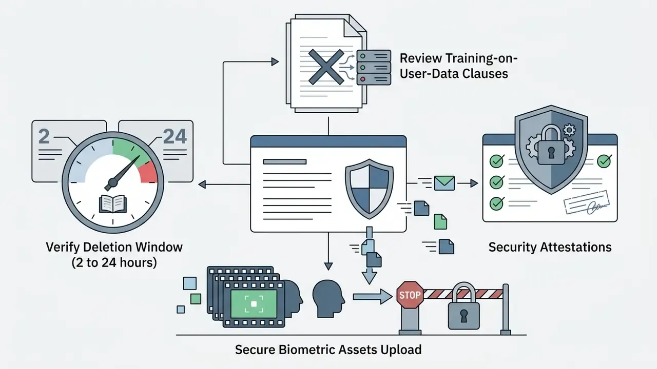 Icons representing data deletion windows, privacy clauses, and security checks for video face swap tools