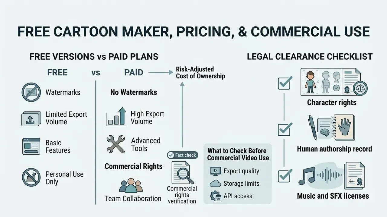 Comparison chart of free versus paid software plans alongside a legal clearance checklist for video assets