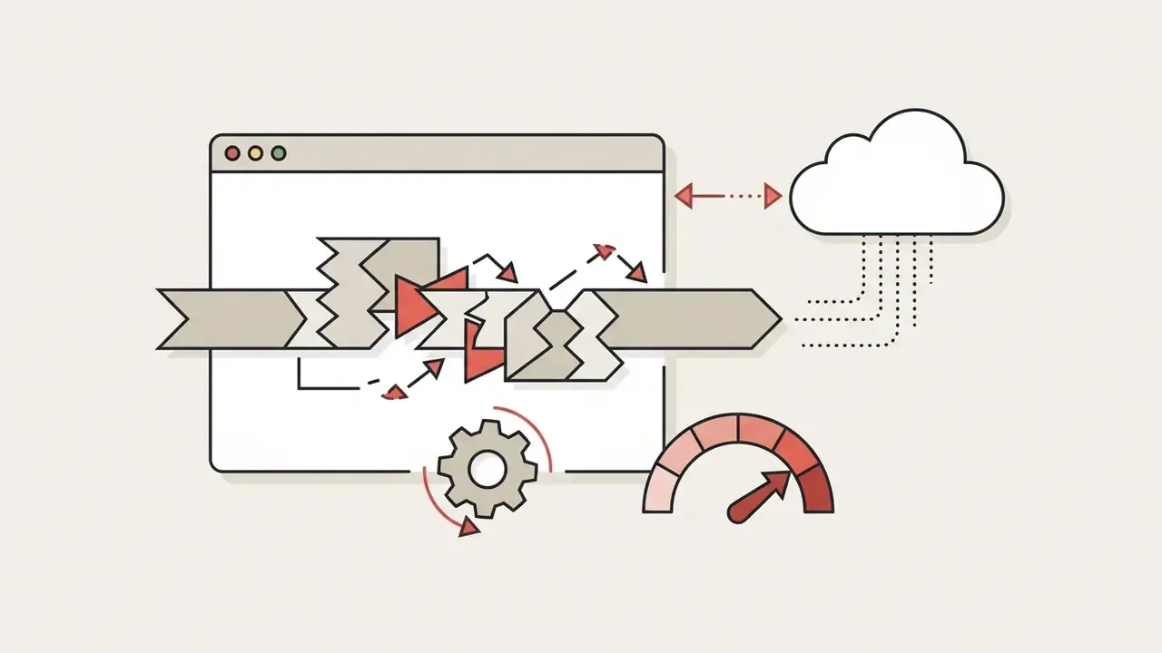 Browser window showing a broken timeline connecting to a cloud server with a gear and a speed gauge