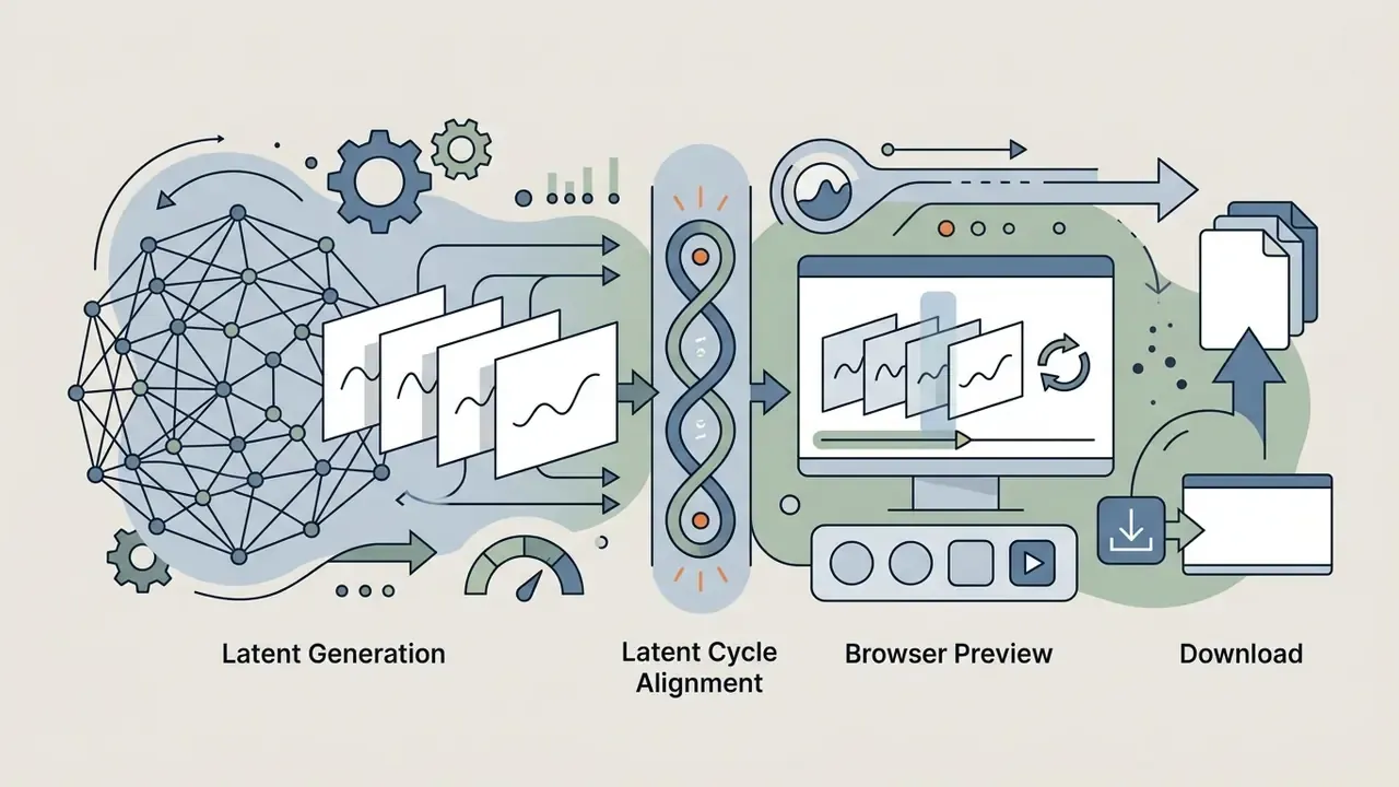 Diagram showing data flowing from a neural network through a cycle alignment process to a browser preview and download