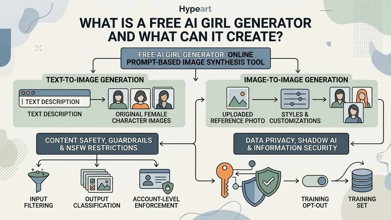 Infographic showing how a free AI girl generator creates images through text and reference inputs