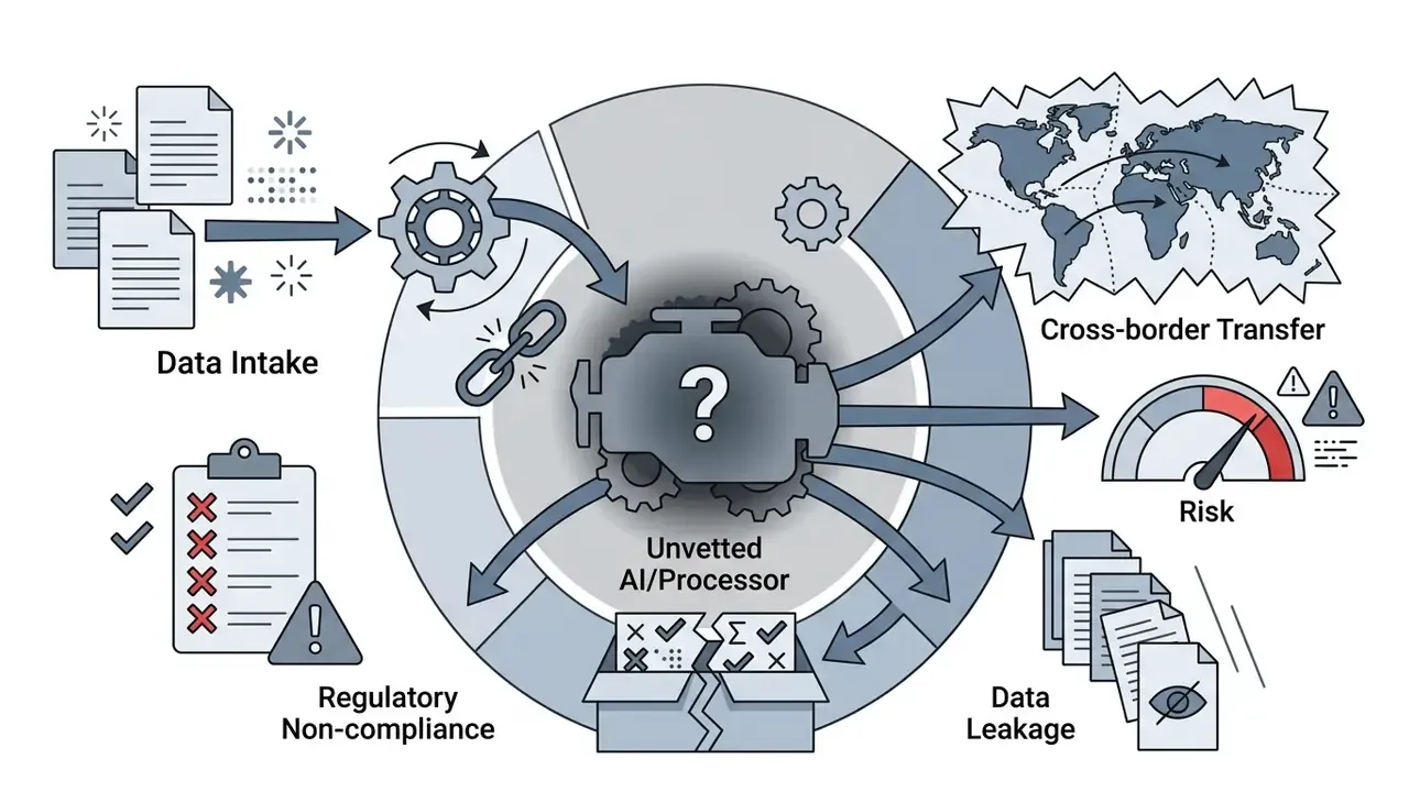 Documents entering a gear mechanism connected to risk, cross-border transfer, and data leakage icons